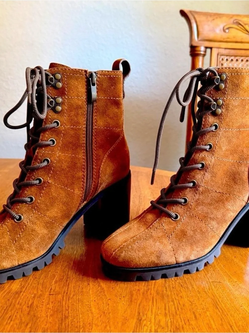 PAIGE Tan Suede Lace-Up Block Heel Ankle Boots Brand New Retail Price $398